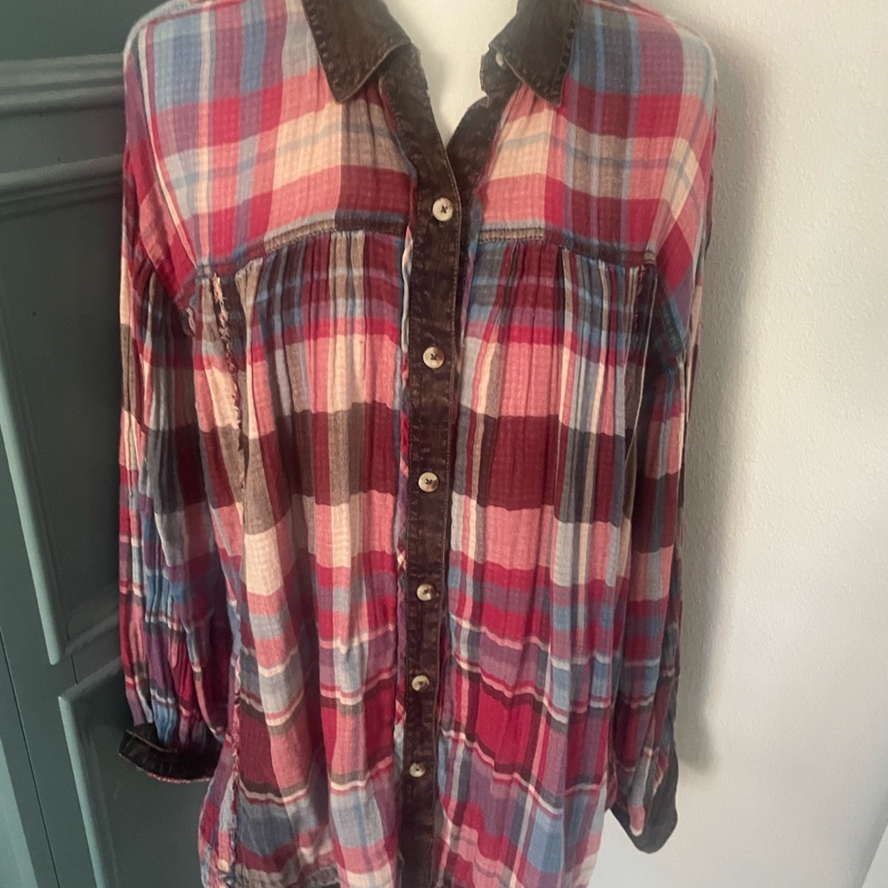 We The Free Burgundy and Navy Plaid Shirt